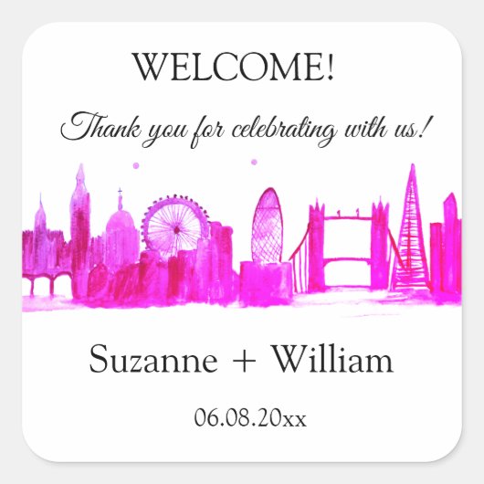 London England skyline Pink Favors Weddings Square Vierkante Sticker (Voorkant)