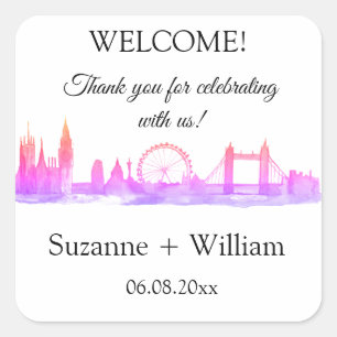 London England skyline Pink Favors Weddings Vierkante Sticker