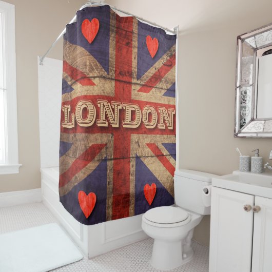 London English Flag Red Hearts British England Douchegordijn (In situ)