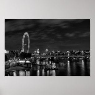London Eye 's nachts in Black en White Poster