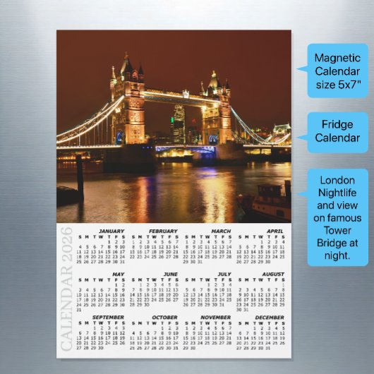 London Fridge Calendar 2026, Tower Bridge at Night