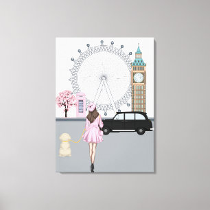 London Girl met Dog in City Canvas Afdruk