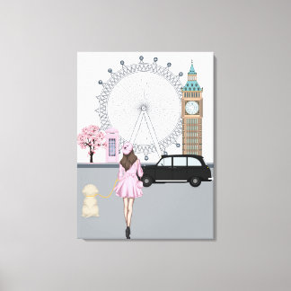 London Girl met Dog in City Canvas Afdruk