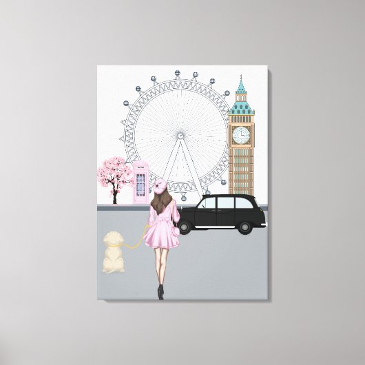 London Girl met Dog in City Canvas Afdruk (Voorkant)