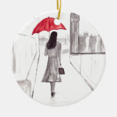 London girl met rode paraplu keramisch ornament (Voorkant)