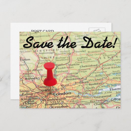 London Map Pin Save the Date Aankondigingskaart (Voorkant / Achterkant)