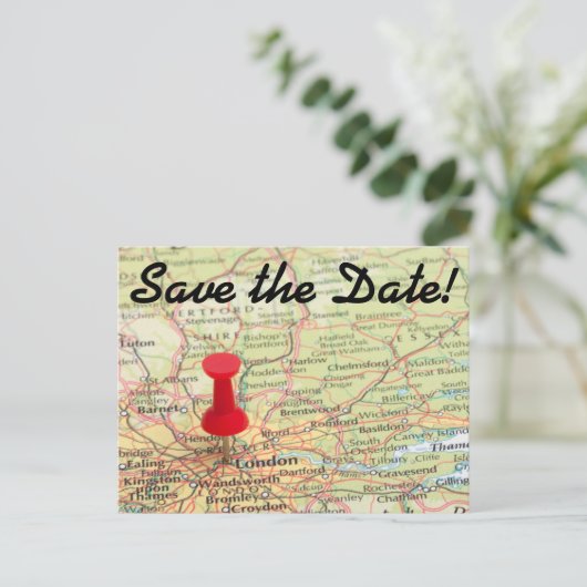 London Map Pin Save the Date Aankondigingskaart (Staand voorkant)