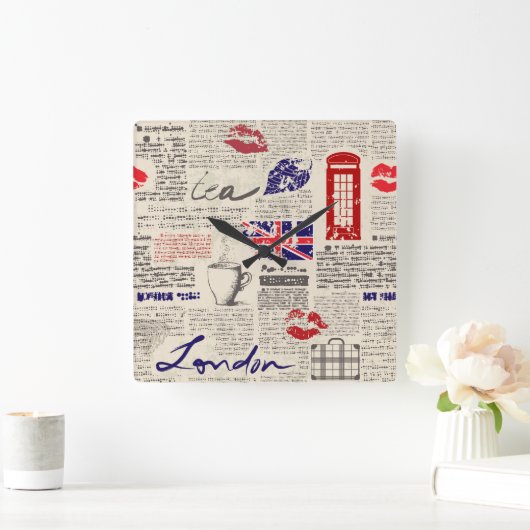 London Newspaper Pattern Vierkante Klok (Huis)