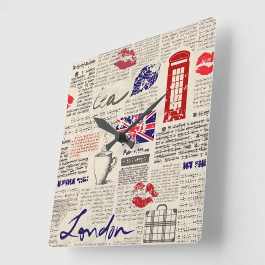London Newspaper Pattern Vierkante Klok (Hoek)