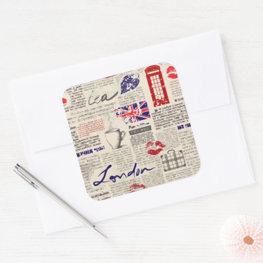 London Newspaper Pattern Vierkante Sticker (Envelop)