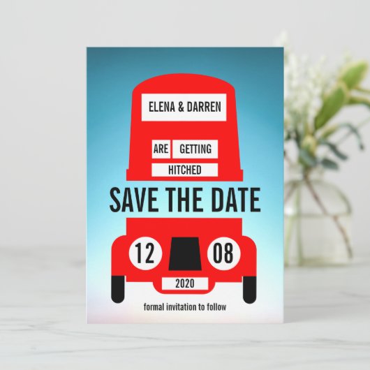London Red Bus bruiloft Save The Date (Staand voorkant)