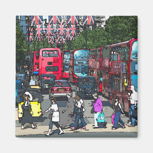 London red bus comic cartoon street UK Magneet
