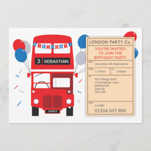 London Red Bus Personalized Birthday Party Invite Kaart