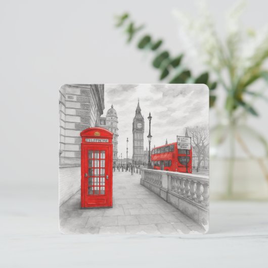 London Red Phone Booth & Bus Watercolor Kaart (Staand voorkant)