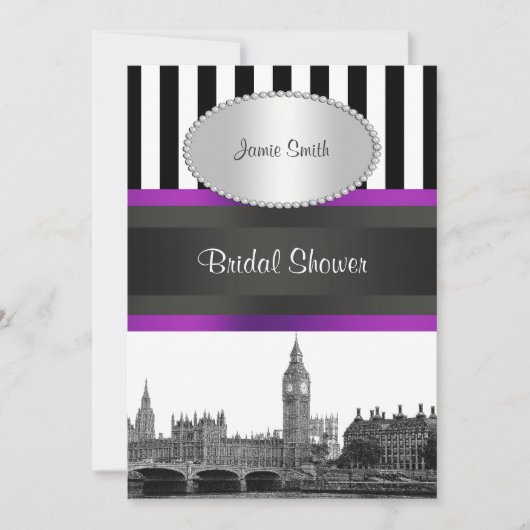 London Skyline BW Blk Wht Strp Paarse Bridal Shwr Kaart (Voorkant)