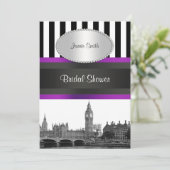 London Skyline BW Blk Wht Strp Paarse Bridal Shwr Kaart (Staand voorkant)