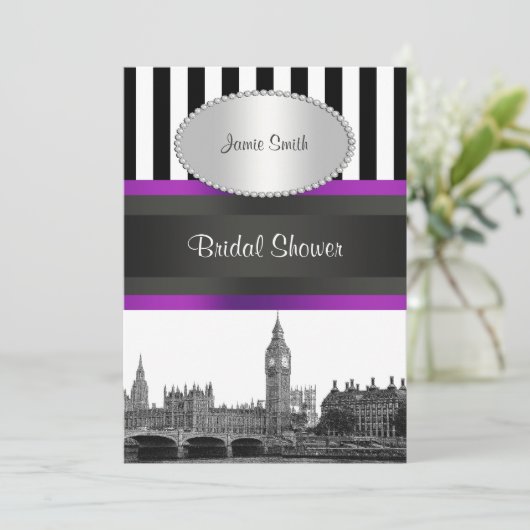 London Skyline BW Blk Wht Strp Paarse Bridal Shwr Kaart (Staand voorkant)