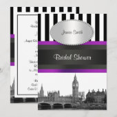 London Skyline BW Blk Wht Strp Paarse Bridal Shwr Kaart (Voorkant / Achterkant)