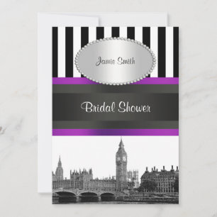 London Skyline BW Blk Wht Strp Paarse Bridal Shwr Kaart