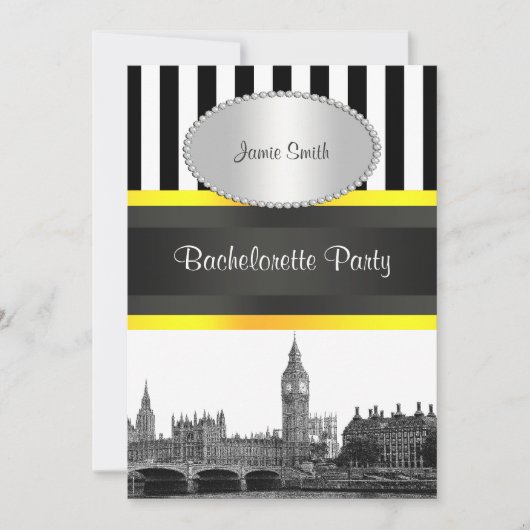 London Skyline BW Blk Wht Strp Ylo P Bachelorette Kaart (Voorkant)