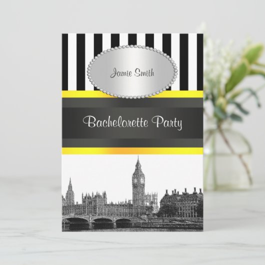 London Skyline BW Blk Wht Strp Ylo P Bachelorette Kaart (Staand voorkant)