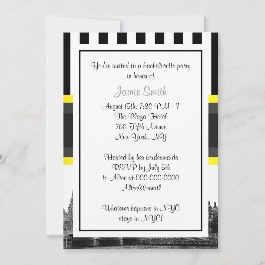 London Skyline BW Blk Wht Strp Ylo P Bachelorette Kaart (Achterkant)