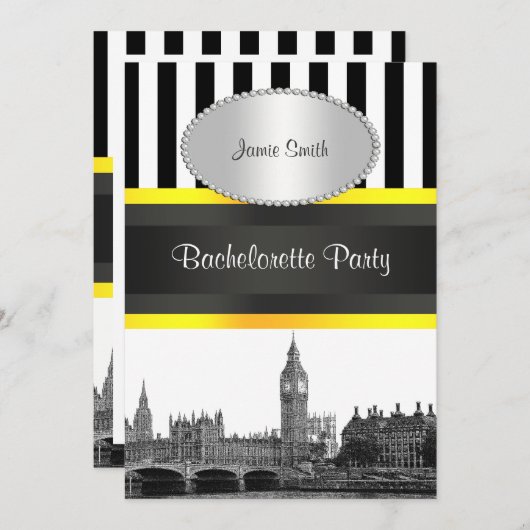 London Skyline BW Blk Wht Strp Ylo P Bachelorette Kaart (Voorkant / Achterkant)