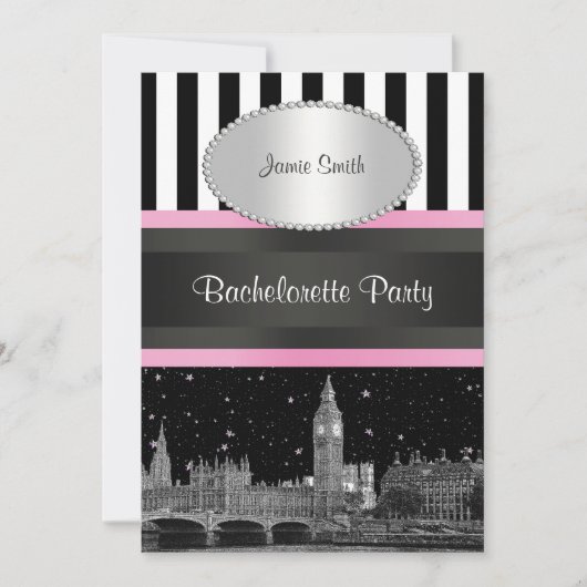 London Skyline BW Blk Wit Strp Pink Bachelorette Kaart (Voorkant)