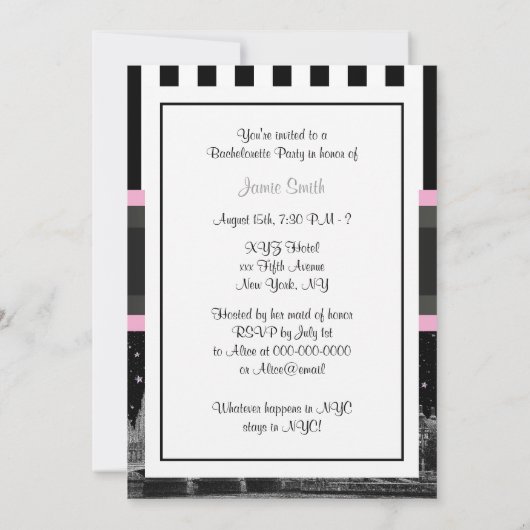 London Skyline BW Blk Wit Strp Pink Bachelorette Kaart (Achterkant)