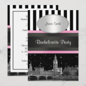London Skyline BW Blk Wit Strp Pink Bachelorette Kaart (Voorkant / Achterkant)