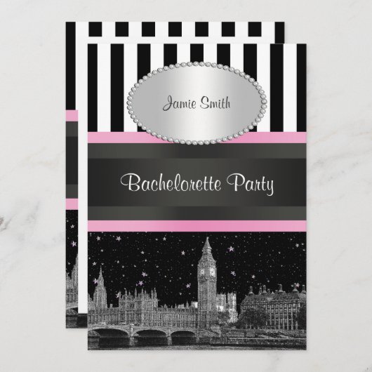 London Skyline BW Blk Wit Strp Pink Bachelorette Kaart (Voorkant / Achterkant)