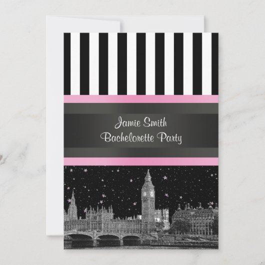 London Skyline BW Blk Wit Strp Pink Bachelorette Kaart (Voorkant)