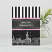 London Skyline BW Blk Wit Strp Pink Bachelorette Kaart (Staand voorkant)