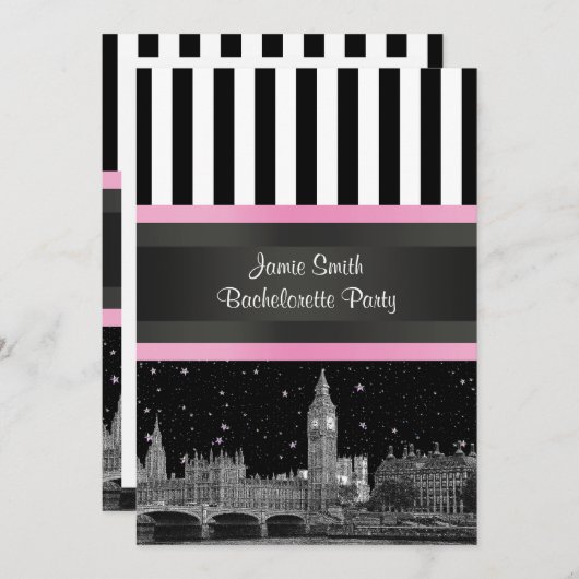 London Skyline BW Blk Wit Strp Pink Bachelorette Kaart (Voorkant / Achterkant)