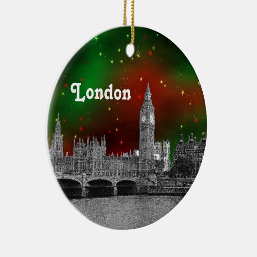 London Skyline Etched, Green Red Starry Sky Xmas Keramisch Ornament (Rechts)
