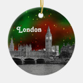 London Skyline Etched, Green Red Starry Sky Xmas Keramisch Ornament (Voorkant)