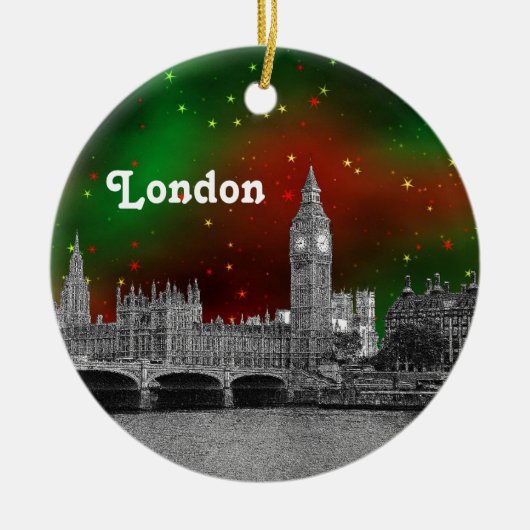 London Skyline Etched, Green Red Starry Sky Xmas Keramisch Ornament (Voorkant)