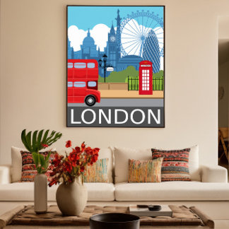 London skyline retro travel poster red bus