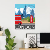 London skyline retro travel poster red bus (Thuiskantoor)