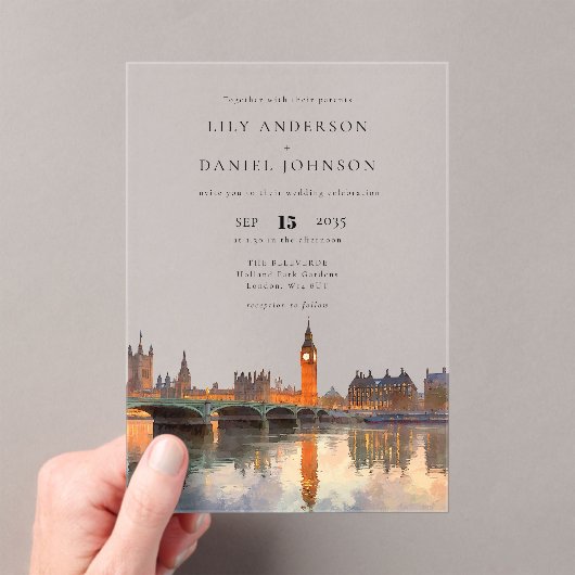 London Skyline Watercolor Destination Wedding Acryl Uitnodigingen (Insitu (Draagbaar))