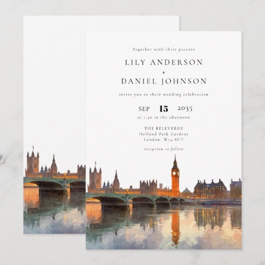 London Skyline Watercolor Elegant Wedding Kaart (Voorkant / Achterkant)