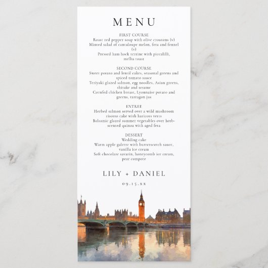 London Skyline Watercolor Elegant Wedding Menu (Voorkant)