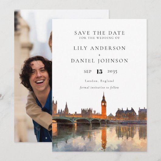 London Skyline Watercolor Photo Wedding Save The Date (Voorkant / Achterkant)