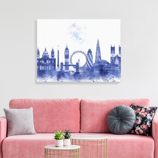 London Skyline - Waterverf Blue Canvas Afdruk (Insitu (Woonkamer))