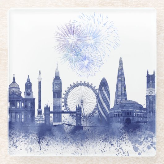 London Skyline - Waterverf Blue Glazen Onderzetter (Voorkant)
