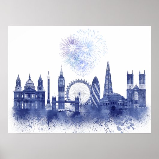 London Skyline - Waterverf Blue Poster (Voorkant)