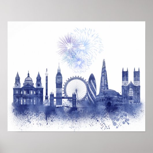 London Skyline - Waterverf Blue Poster (Voorkant)
