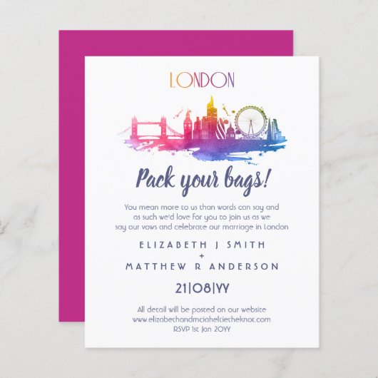 LONDON Skyline Wedding Handgetekende Budget Invite (Voorkant / Achterkant)