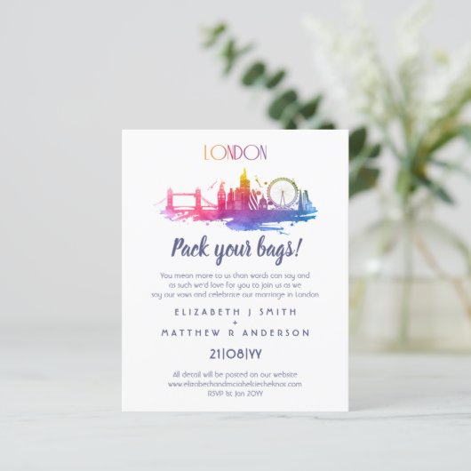 LONDON Skyline Wedding Handgetekende Budget Invite (Staand voorkant)