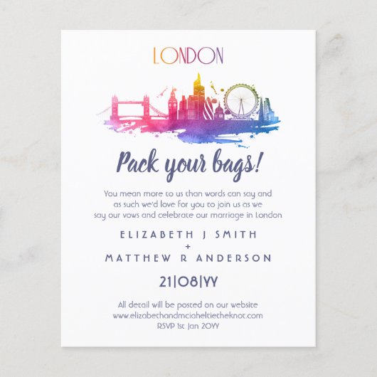 LONDON Skyline Wedding Handgetekende Budget Invite (Voorkant)